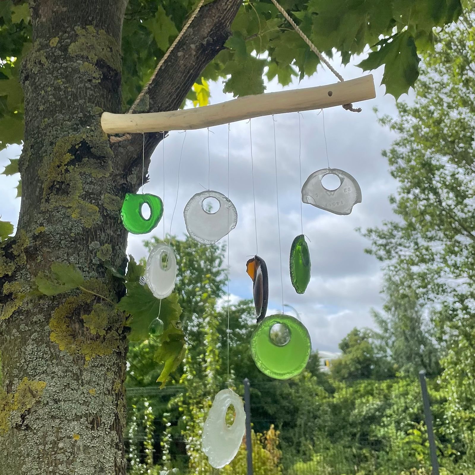 upcycled bottle bottom wind chime assorted glass Upcycled Bottle Bottom Wind Chime Assorted Glass - Image 3