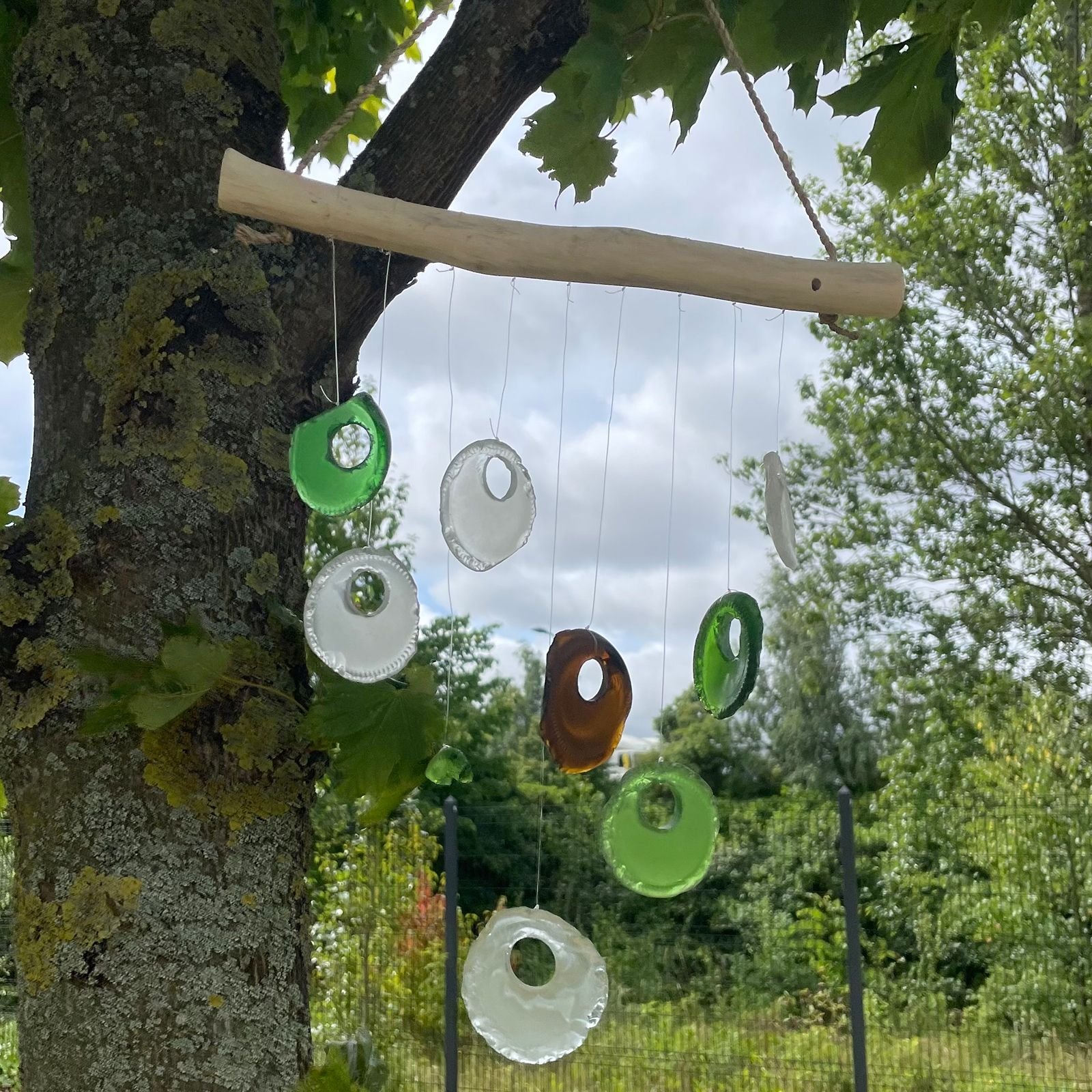 upcycled bottle bottom wind chime assorted glass Upcycled Bottle Bottom Wind Chime Assorted Glass - Image 4