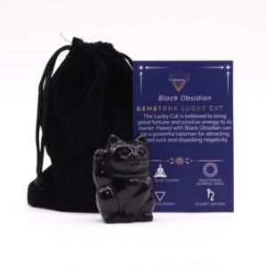 Protection Lucky Cat Figurine Black Obsidian
