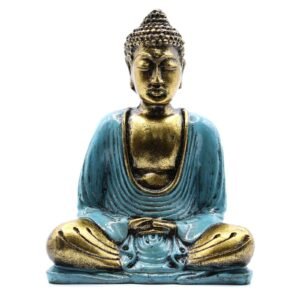 Tranquil Teal and Gold Buddha Resin Statue