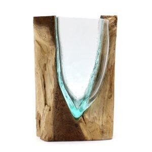 Sculpted Flow V-Shaped Art Vase Glass Wood