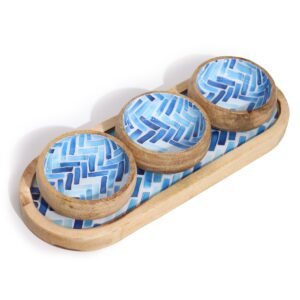 Entertaining Mango Wood Tray Blue Stripe Bowls