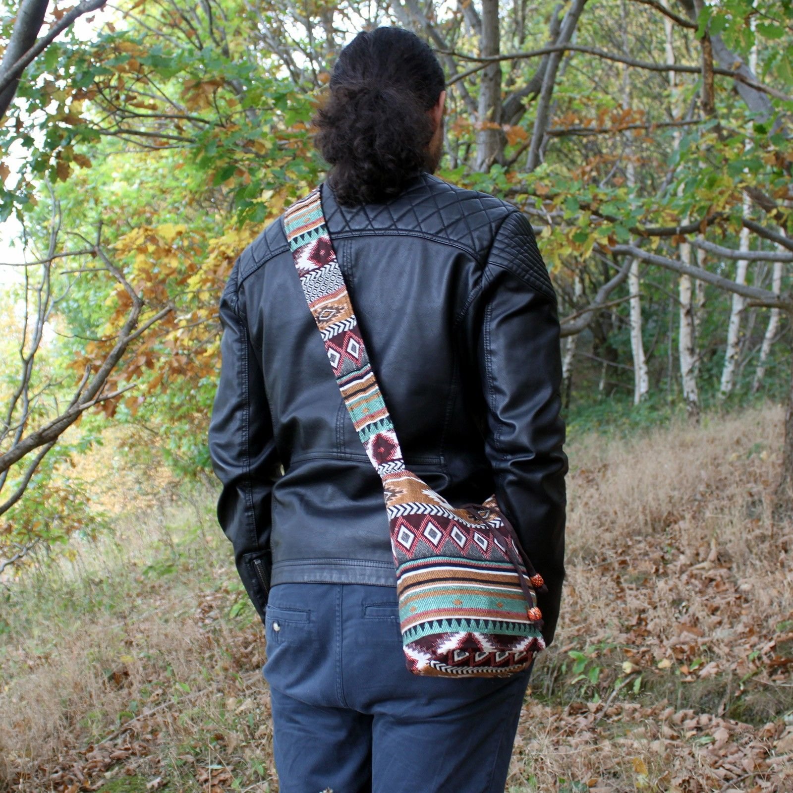 Boho čokoládová žakárová cestovná taška Boho cestovná crossbody taška čokoládový žakár – Obrázok 2