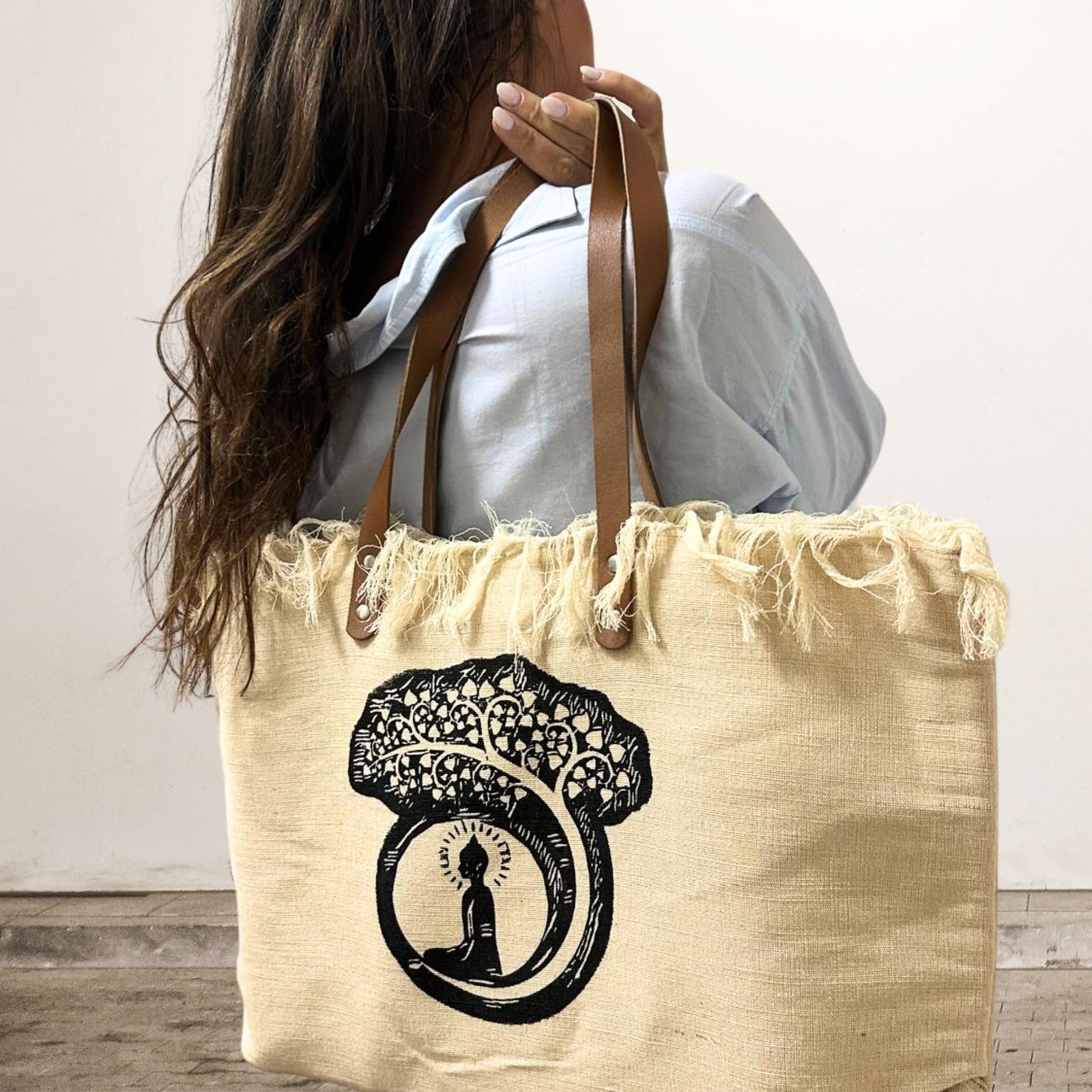 mindful journey canvas tote buddha leather handle Mindful Journey Canvas Tote Buddha Leather Handle - Image 4
