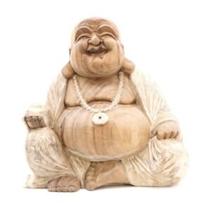 Joyful Serenity Buddha Statue Whitewashed Wood