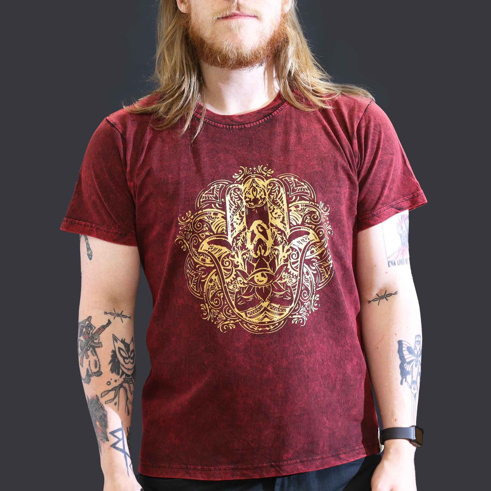 bold hamsa stonewashed cotton t-shirt maroon Bold Hamsa Stonewashed Cotton T-Shirt Maroon