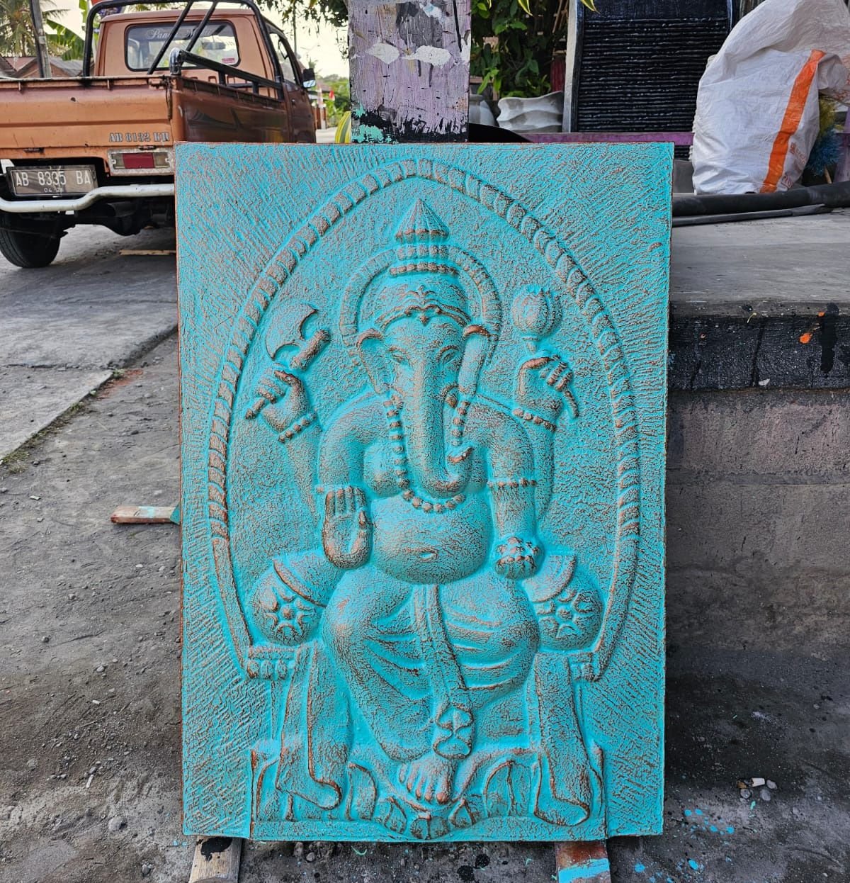protective ganpati iron wall relief turquoise Protective Ganpati Iron Wall Relief Turquoise