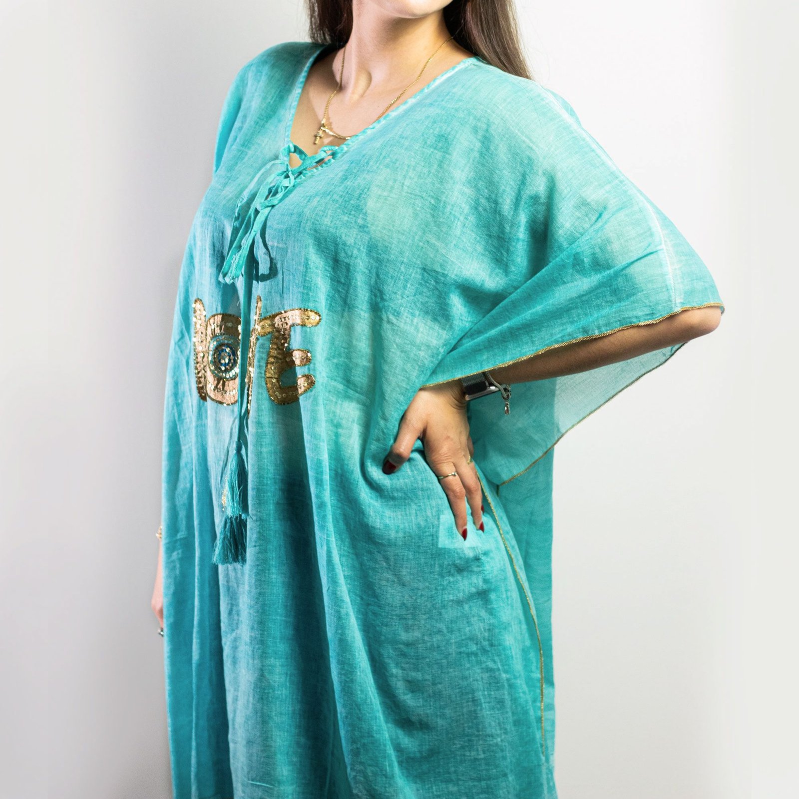 heartfelt breeze kaftan turquoise gold love motif Heartfelt Breeze Kaftan Turquoise Gold Love Motif - Image 2
