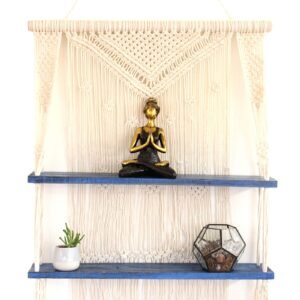 Boho Calm Macrame Hanging Shelf Blue Accent