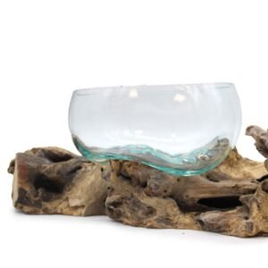 Statement Double Bowl Sculpture Recycled Glass Wood
