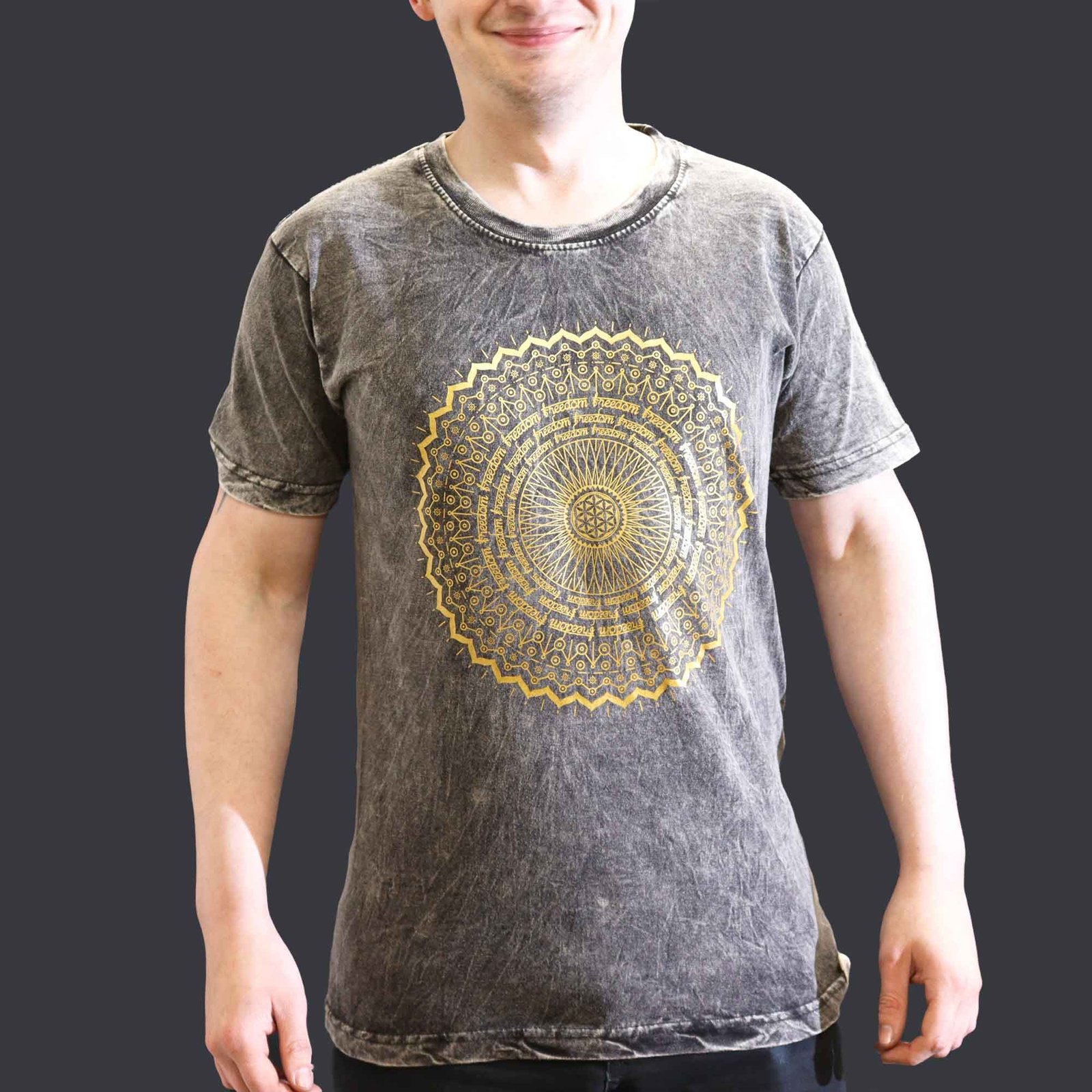 centered mandala stonewashed cotton t-shirt dark grey Centered Mandala Stonewashed Cotton T-Shirt Dark Grey - Image 2