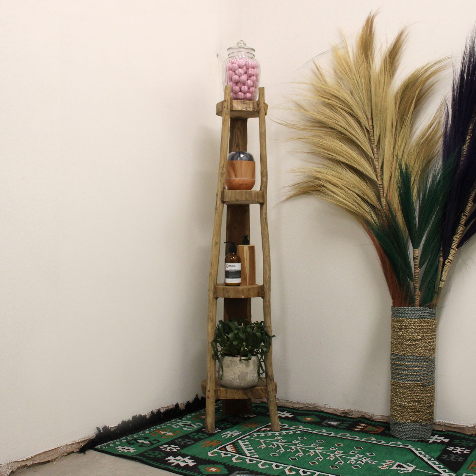 space-saving corner shelf unit natural teak Space-Saving Corner Shelf Unit Natural Teak - Image 4