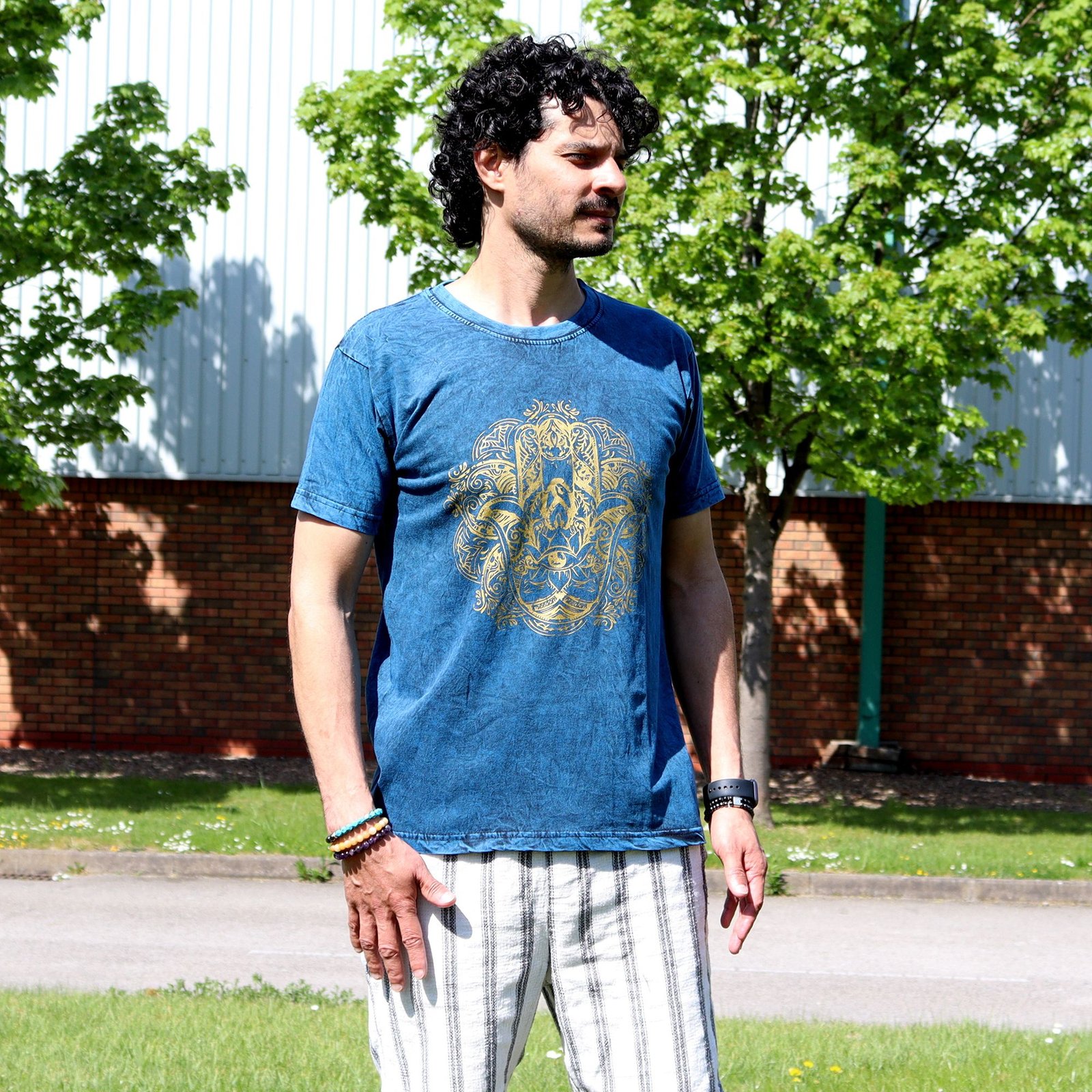 calming hamsa stonewashed cotton t-shirt blue Calming Hamsa Stonewashed Cotton T-Shirt Blue - Image 3