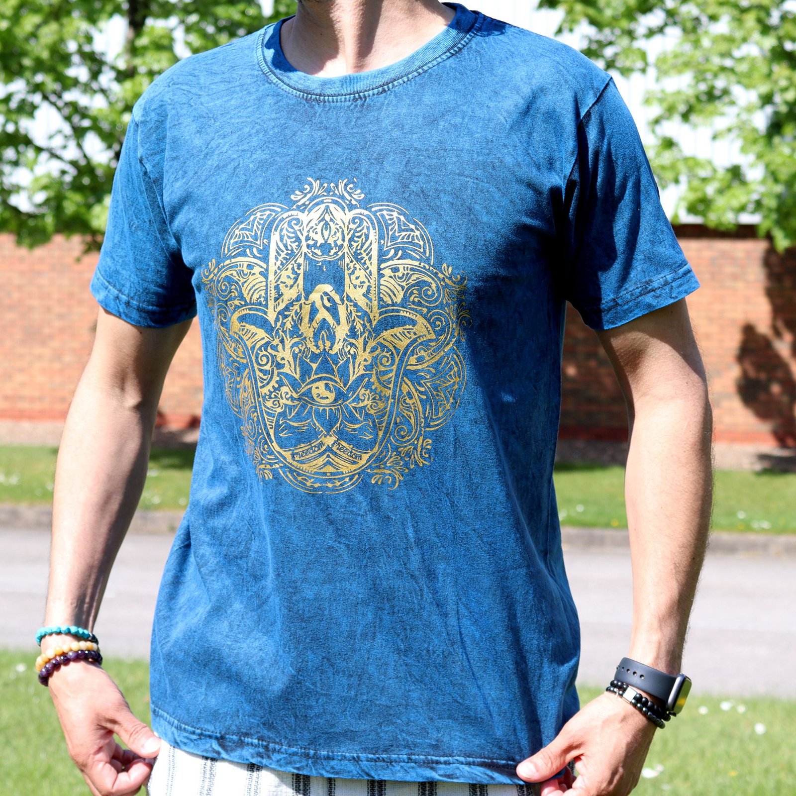 calming hamsa stonewashed cotton t-shirt blue Calming Hamsa Stonewashed Cotton T-Shirt Blue - Image 5