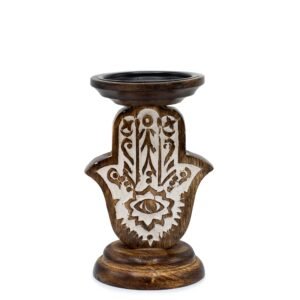 Protective Hamsa Mango Wood Candle Stand