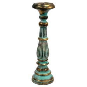 Elegant Pillar Candle Stand Turquoise Gold Wood