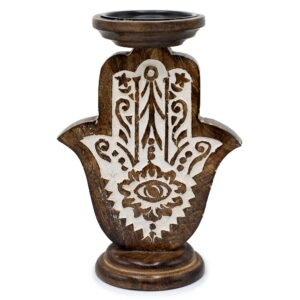Sacred Hamsa Mango Wood Candle Stand