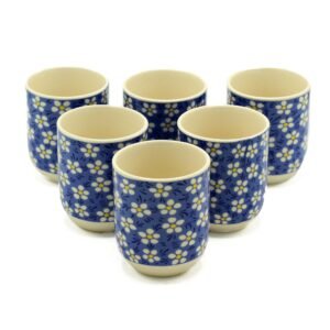 Serenity Tea Cups Set Blue Daisy Ceramic